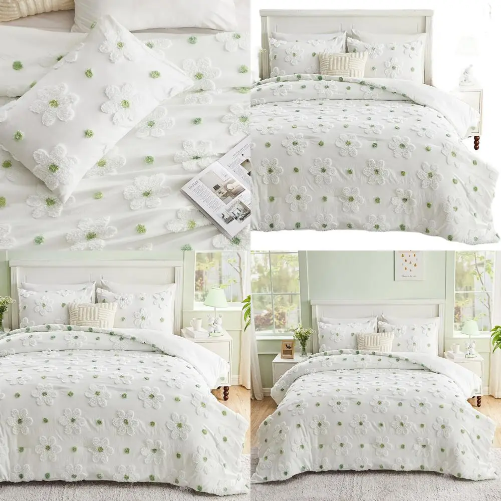 

Комплект одеял с цветочным принтом для девочек: постельное белье с зеленым тафтингом в виде ромашки, легкий полный размер из трех предметов для подростков и женщин