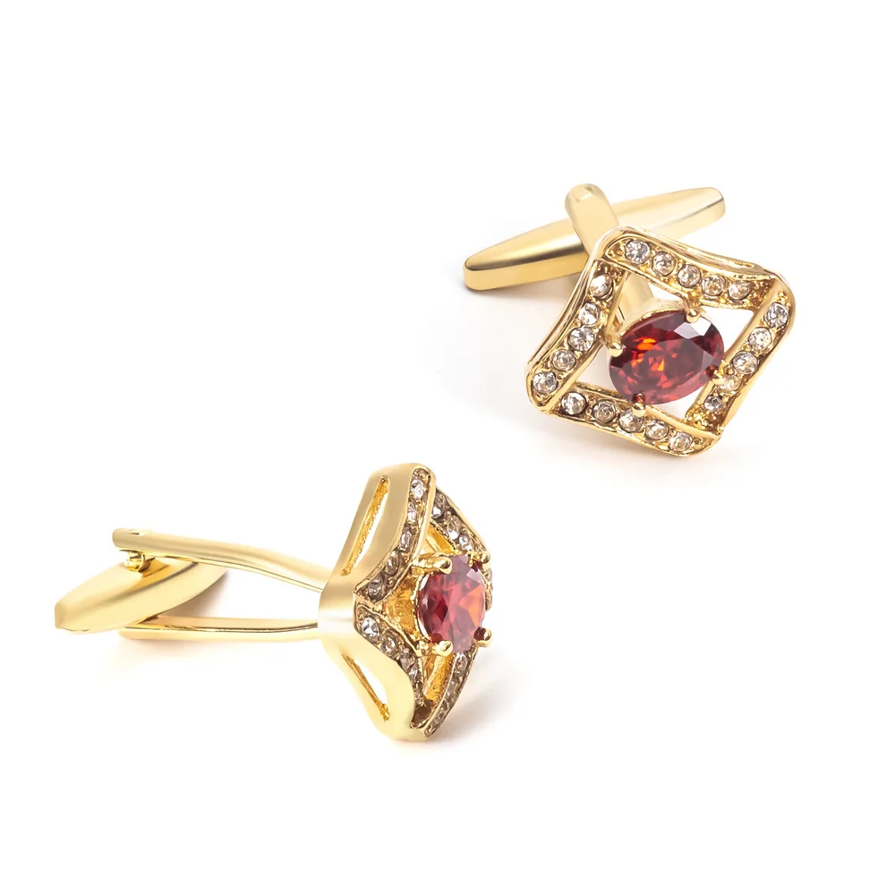 Exquisite Diamond Studded Red Zircon Cufflinks Golden Men's Sleeve Studs Business Formal French Shirt Accessories Decoration