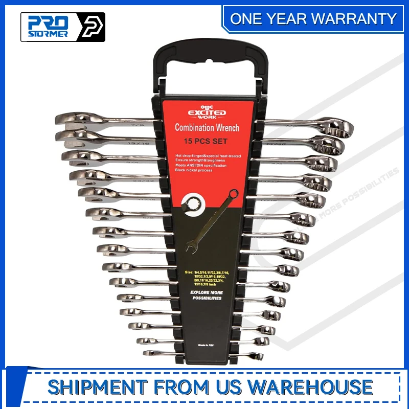 Combination Wrench Set 15PCS Mechanic Cr-V Ratchet Wrench Set Inch with Wrench Rack