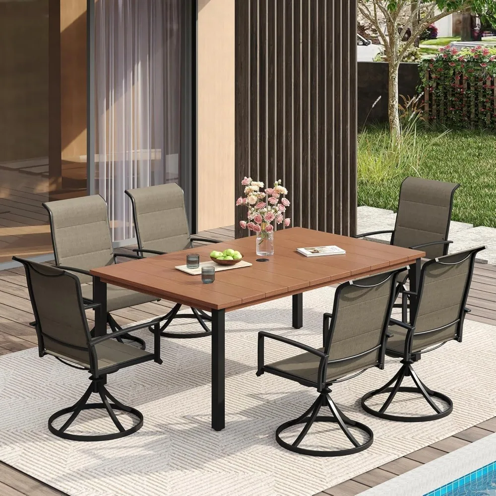 63 Inch Patio Table with Umbrella Hole, Outdoor Dining Table for 6