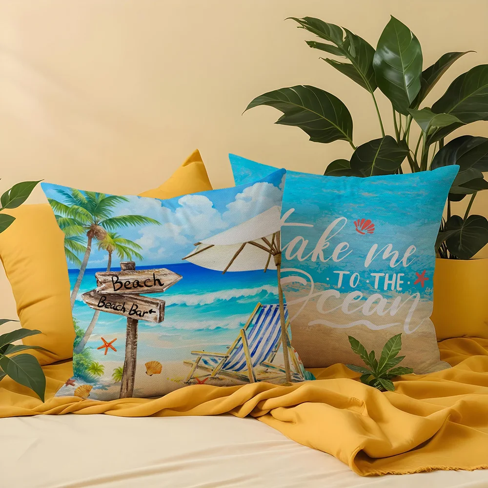 1/4pcs Coastal Beach Scene Throw Pillow Cover with Beach Bar & Palm Tree Art Home farmhouse outdoor decoration cushion cover
