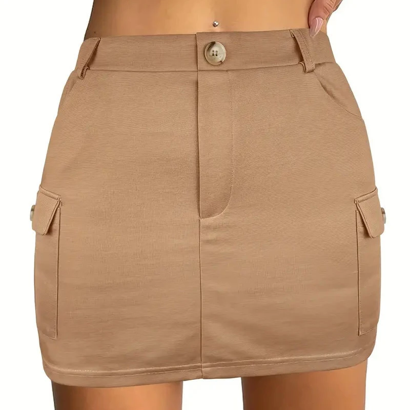 Office Lady Khaki Zipper Skirts Women 2026 Vintage Slim High-Waist Skirts With Pockets Summer Sexy Mini Hip-Huging Skirts Female