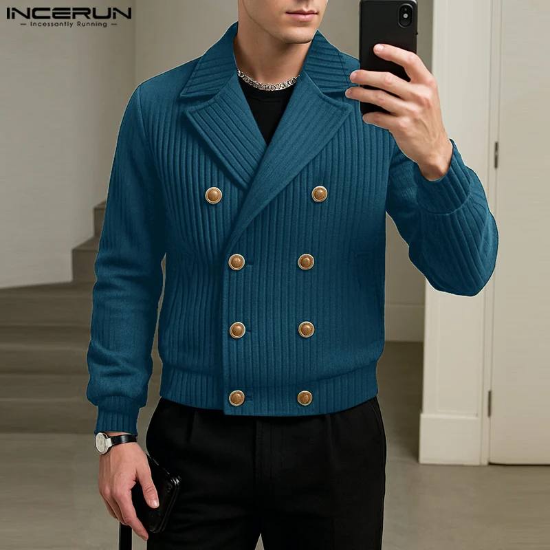 INCERUN رجل جاكيتات بلون محبوك التلبيب كم طويل مزدوجة الصدر الذكور معاطف الشارع الشهير موضة سترات رجالي S-5XL