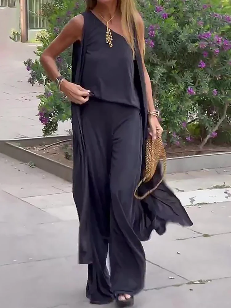 

Sleeveless Cardigan Top Three Pieces Matching Sets 2023 Spring Summer Loungewear Solid Wide Leg Pants Ladies Outfit Dropshipping