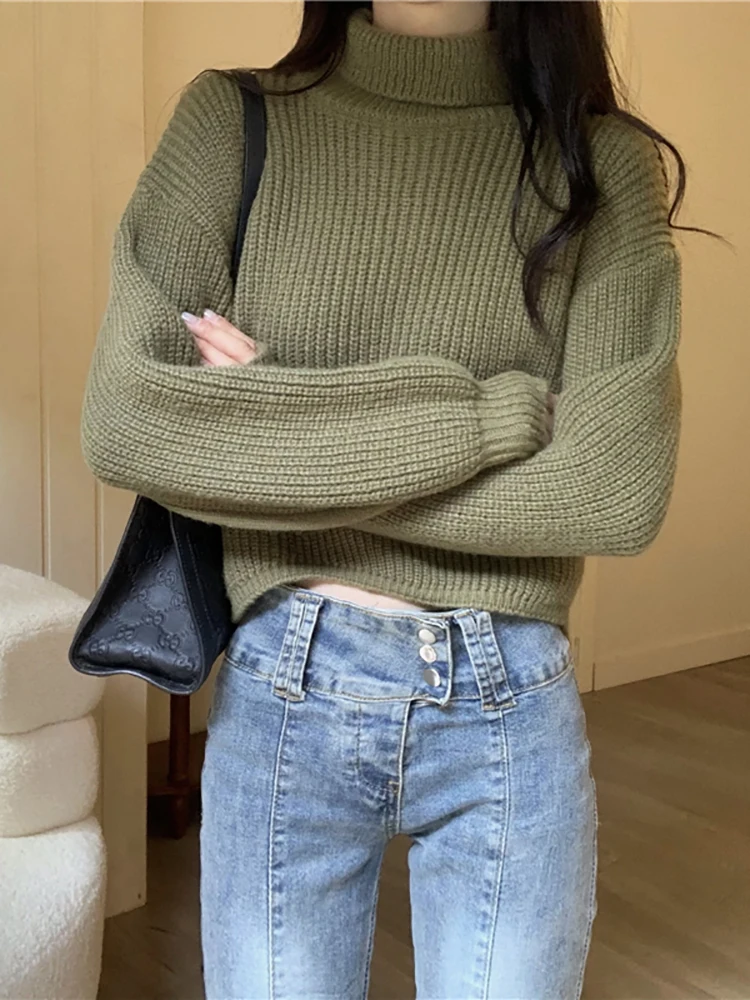 Women Casual Loose Knitted Sweater Pullovers Solid Cashmere Lapel Splited Turtleneck Sweaters Autumn Winter Elegant Female Tops