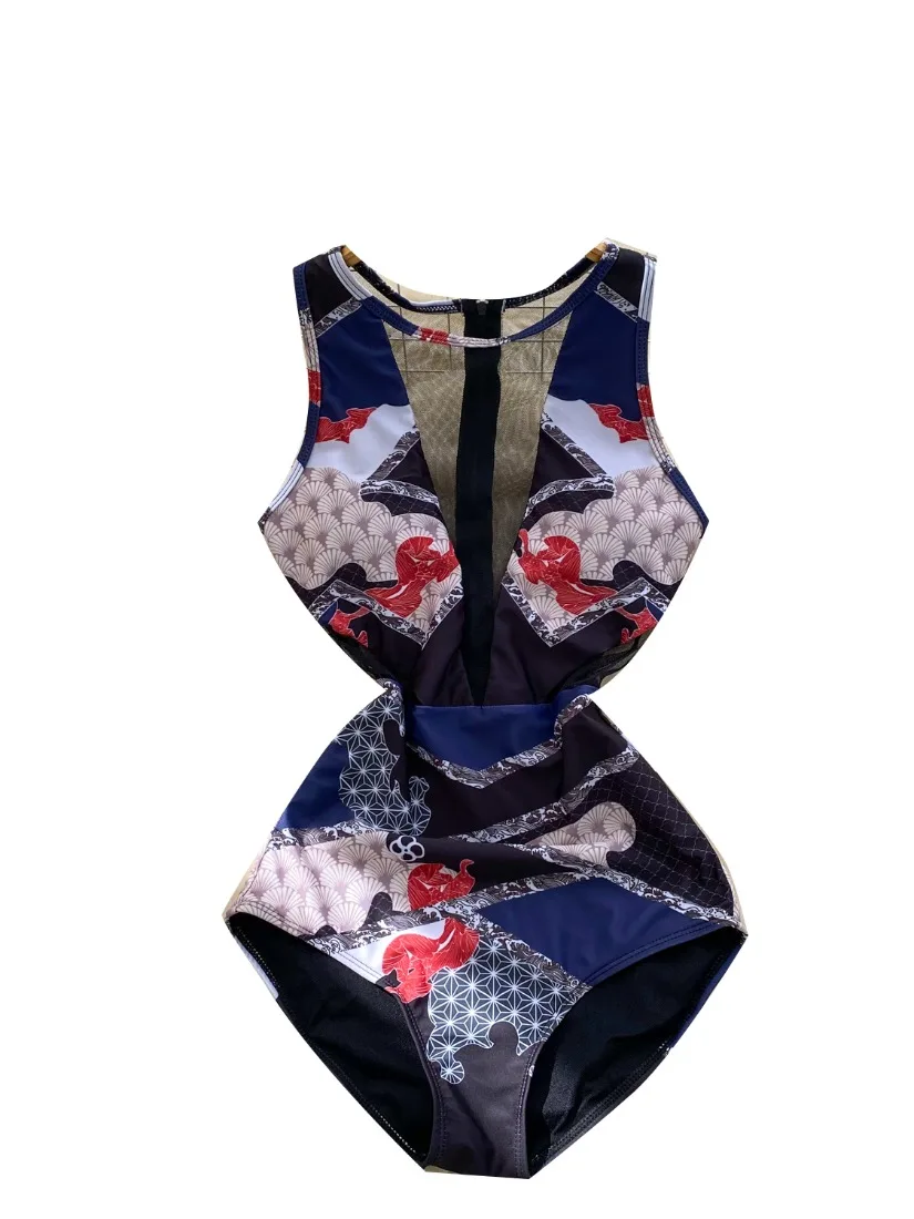 Foamlina-Body europeo sin mangas para mujer, traje de baño Sexy transparente con estampado de almazuela de malla, traje de baño sin mangas