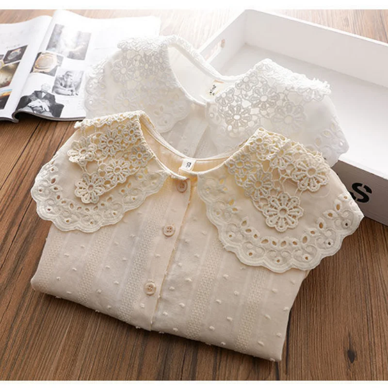 Girls Blouses Kids Shirts With Lace Collar Children Spring Autumn Clothing Tops 2-12Y