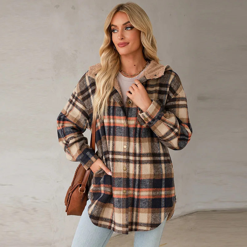 

2025 Autumn Winter New Hooded Long Sleeve for Women European and American Fashion Trend Plaid Print Fleece Lined Jacket f