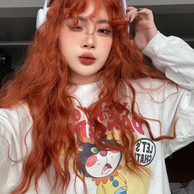 

Korean Style Fashion Wig Head Cover Dirty Orange Wool Curl Long Curly Hair Natural Egg Roll BangslolitaFull-Head Wig Type