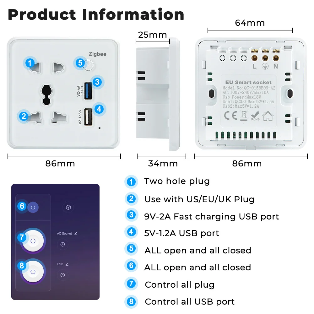 Tuya Smart Socket Wifi Zigbee Supports US UK EU KR Plug Wifi Smart Socket 2 USB Wall Socket QC3.0 Works with Alexa Google Home