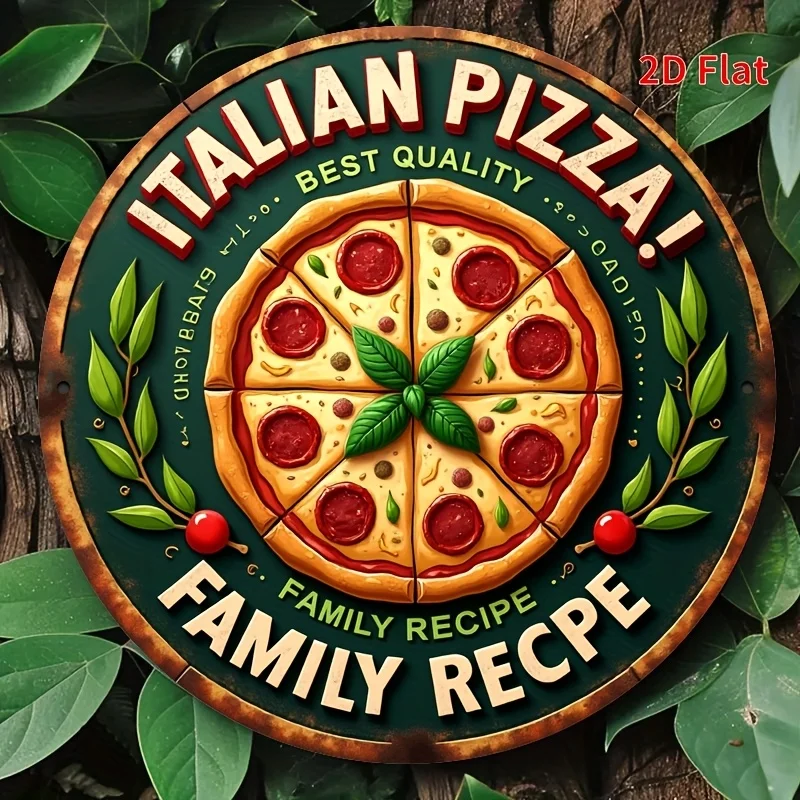 [2D Flat] 1pc 8x8 Inch Vintage-Style Italian Pizza Aluminum Wall Art - Rustic Aluminum Sign with 