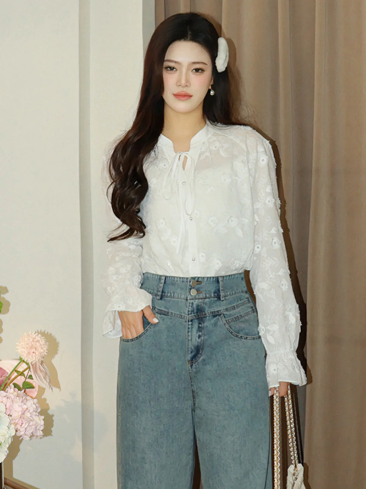 

Романтическая вышитая блузка больших размеров для женщин, модная весенняя хлопковая блузка с длинным рукавом и цветочным воротником, омолаживающая образ