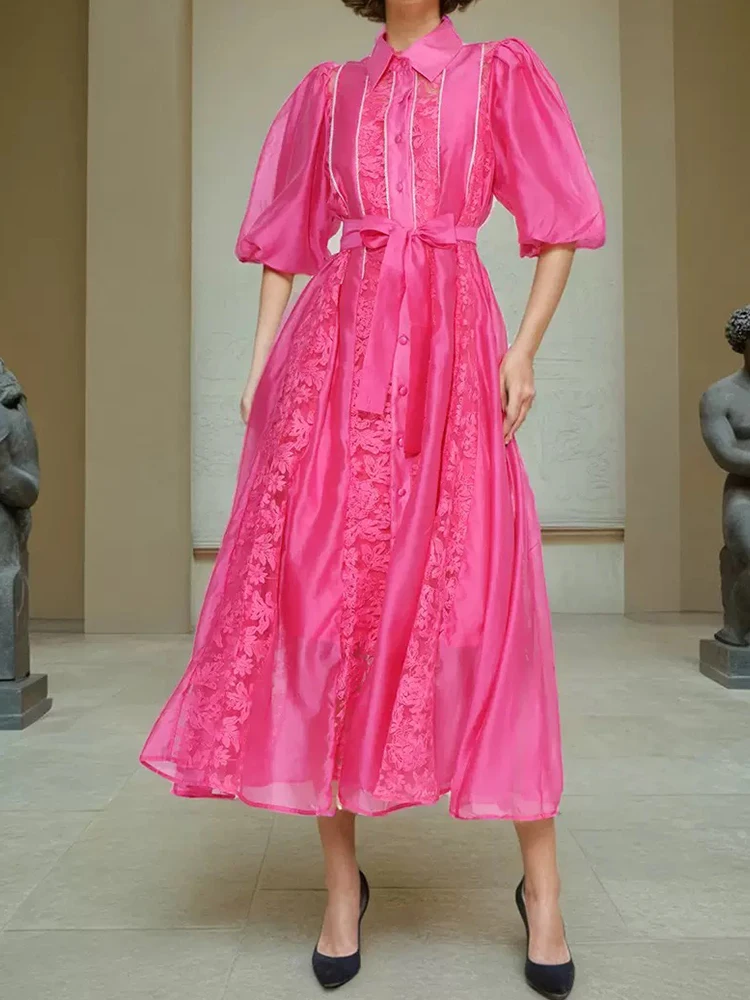 

In the summer of 2025, the new single-breasted lapel embroidered short-sleeved loose dress with waist belt and elegant long skir