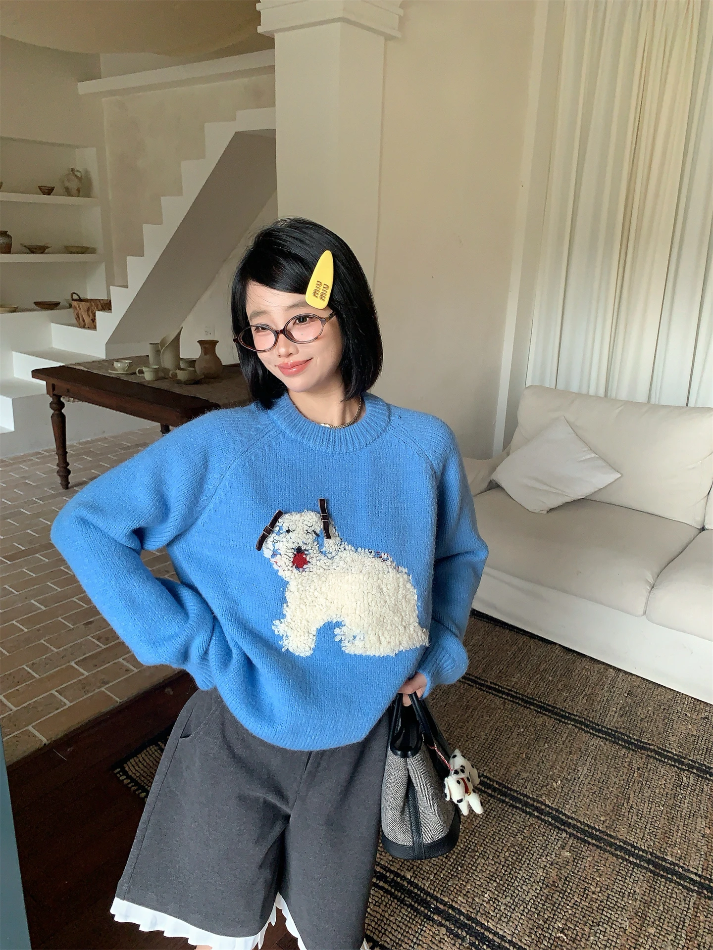 

Круглый пуловер с милой маленькой собакой, вязаный свитер, женский свободный осенне-зимний теплый топ Faion Commute Sle Long Sve Top