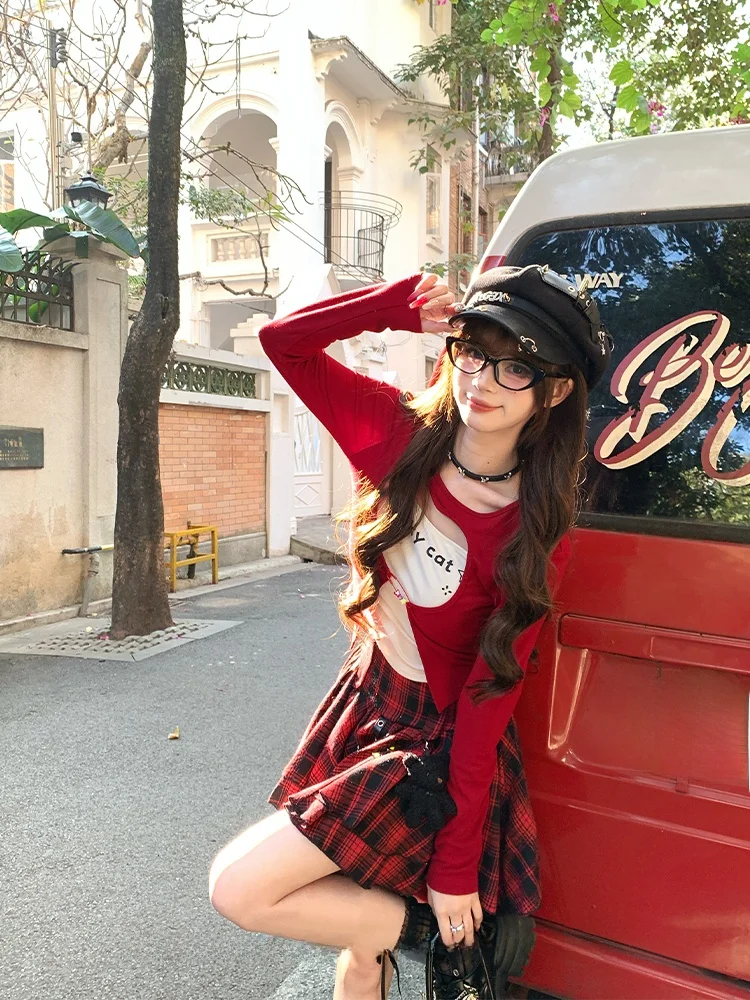

Sweet And Cool Sle Red Color Women's Faion Set Early Spring Two-Piece Top ort Skirt Two-Piece Set Matching Clothing