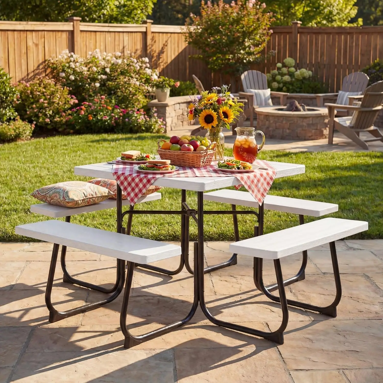 Square Picnic Table with Umbrella Hole, 8 Person Outdoor Table Metal Frame HDPE Top for BBQ Patio 2300LBS, Customized