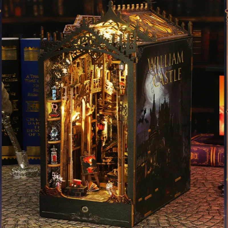 

NEW DIY Wooden Book Nook Kit William Castle Bookshelf Insert with LED Lights Miniature Room Decor Creative Gift for Book Lovers
