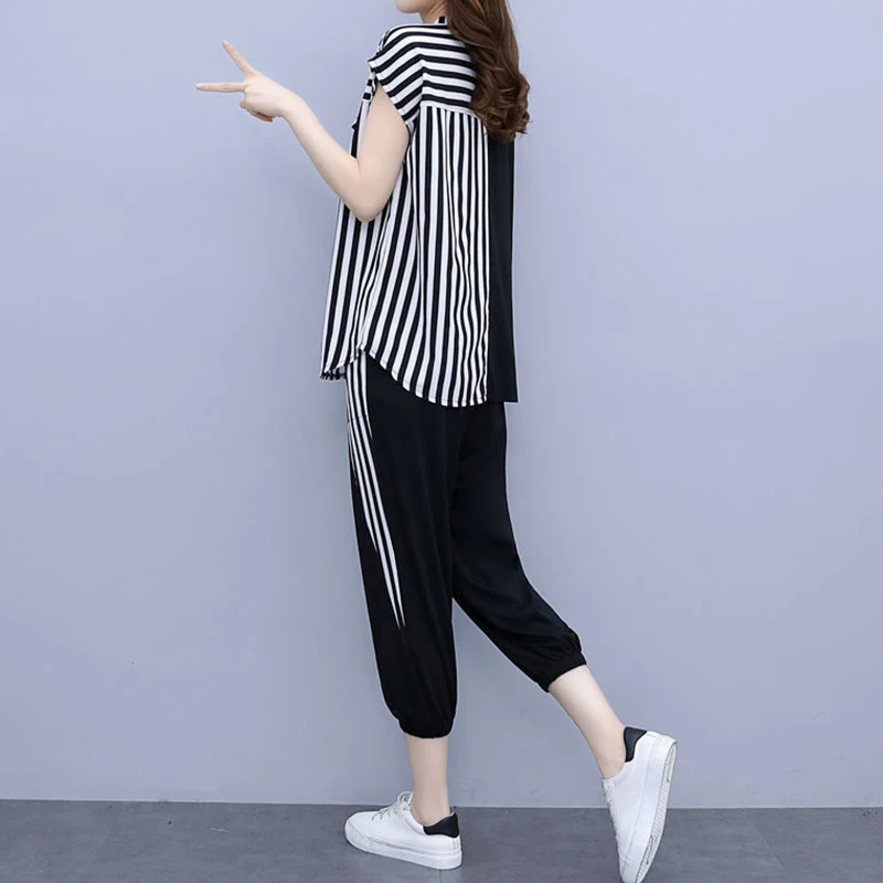 Casual Fashion Striped Short Sets Summer 2023 New V-Neck Short Sleeve Shirt Elastic Waist Ankle-Length Pants Loose Women\'s Sets