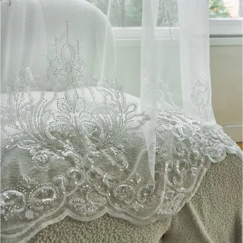 French Gauze Curtain Sequin Embroidery White Gauze Living Room Bedroom Balcony Curtain