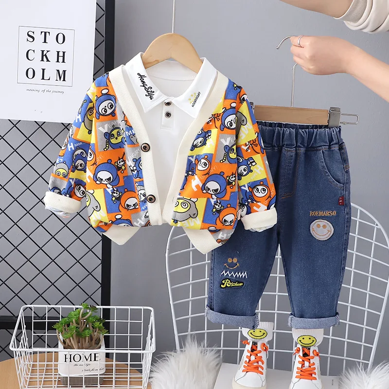 Conjuntos de chándal para niños, cárdigan con estampado de dibujos animados, chaquetas, camisetas y pantalones, trajes para niños, ropa de otoño 2024