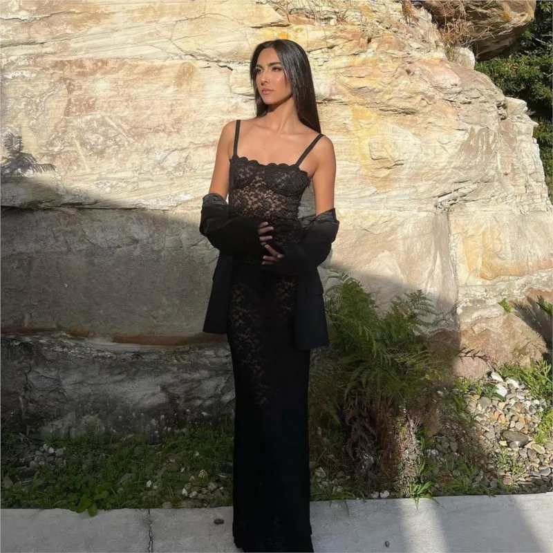 블랙 레이스 스파게티 스트랩 맥시 드레스 여성용 2025 신상 시스루 메쉬 롱 드레스 우아한 이브닝 파티 클럽웨어 드레스