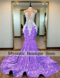 Sparkly Purple Sequins Mermaid Prom Dresses For Black Girls 2026 Crystals Beaded Formal Birthday Party Dress Customized