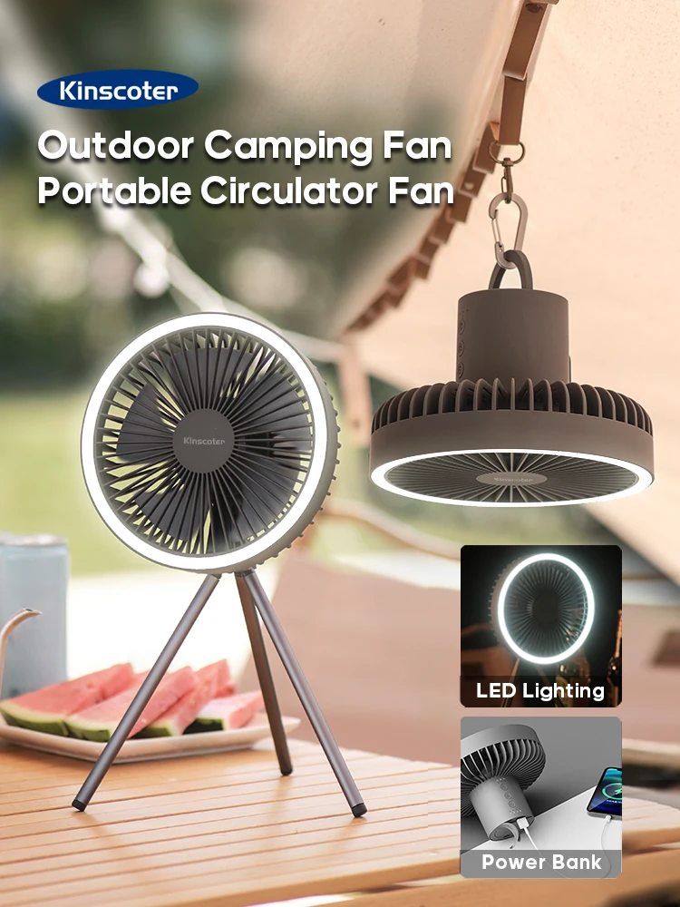 10000 mAh Camping-Ventilator, wiederaufladbar, tragbarer Desktop-Luftzirkulator, kabelloser elektrischer Deckenventilator mit Powerbank, LED-Lichtstativ – Detail 2