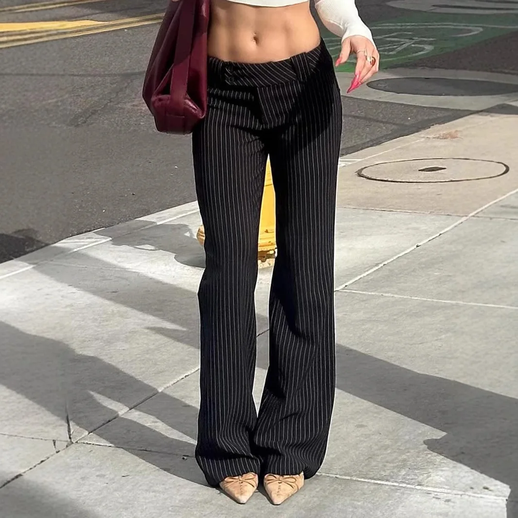 Women Striped Casual Pants Low Rise Slim Fit Form Fitting Trousers Fashion Streetwear Skinny Sweat Pants For Female Daily Wear