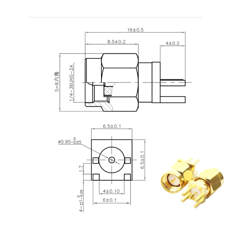 2Pieces/Lot Copper Gold Plated SMA 4 Pin PCB Mount 4mm Solder Edge RP-SMA Male 1.6mm Right Angle 90 Degree RF Coaxial Adapter