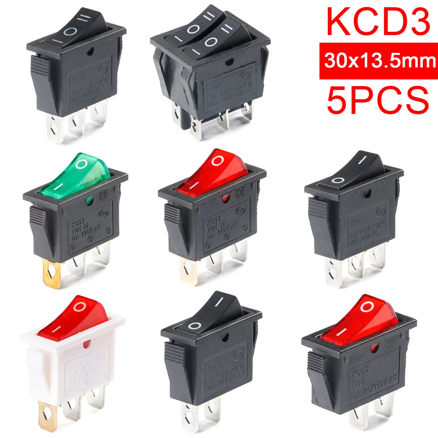 5PCS KCD3 KCD6 KCD8 6PIN 16A 250V 20A 125V Rocker Switch Waterproof ON-OFF Double Light Switch Boat Power Switch Green Black Red