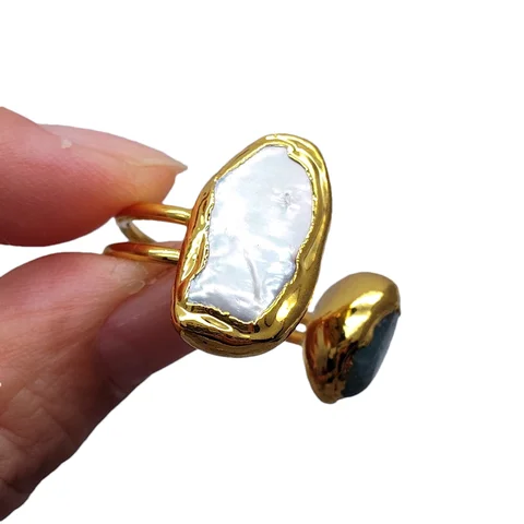 Cultured White Pearl Fish Shape Natural Green Amazonite Adjustable Ring