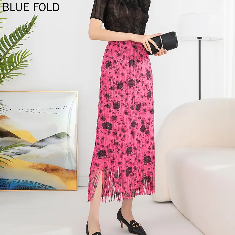 

MIYAKE-Women's High Waist Long Printed Tassel Pleated Skirt, Summer Fashion, Casual Loose, Slender, New