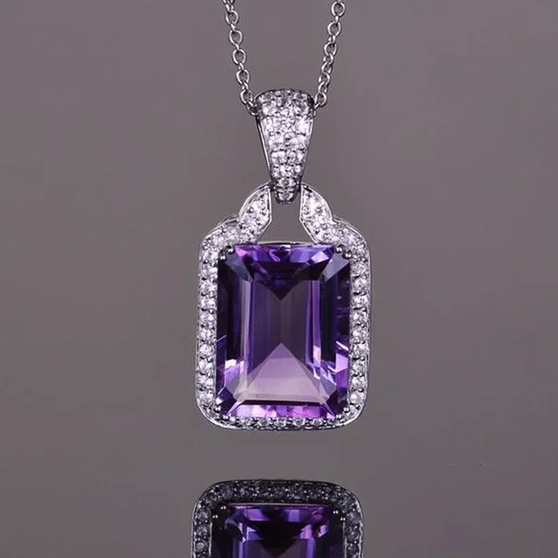 New Chic Square Purple Cubic Zirconia Necklace for Women Gorgeous Bride Engagement Wedding Necklaces Luxury Fashion Jewelry