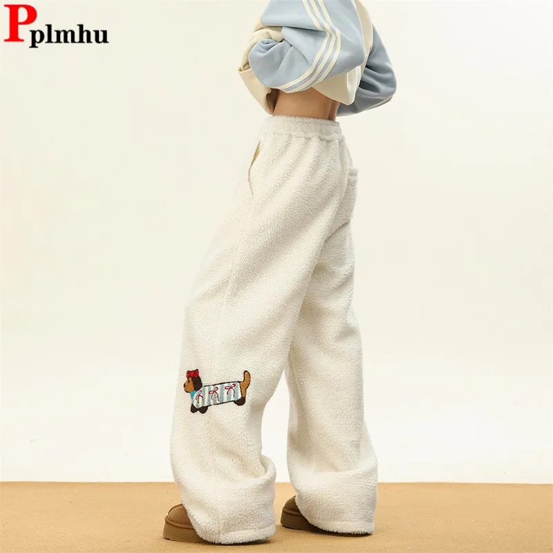 

Lambwool Fluff Embroidery Wide Leg Pants Ankle Length Lace-up High Waist Spodnie Casual Pantalones Korea Warm Women Sweatpants