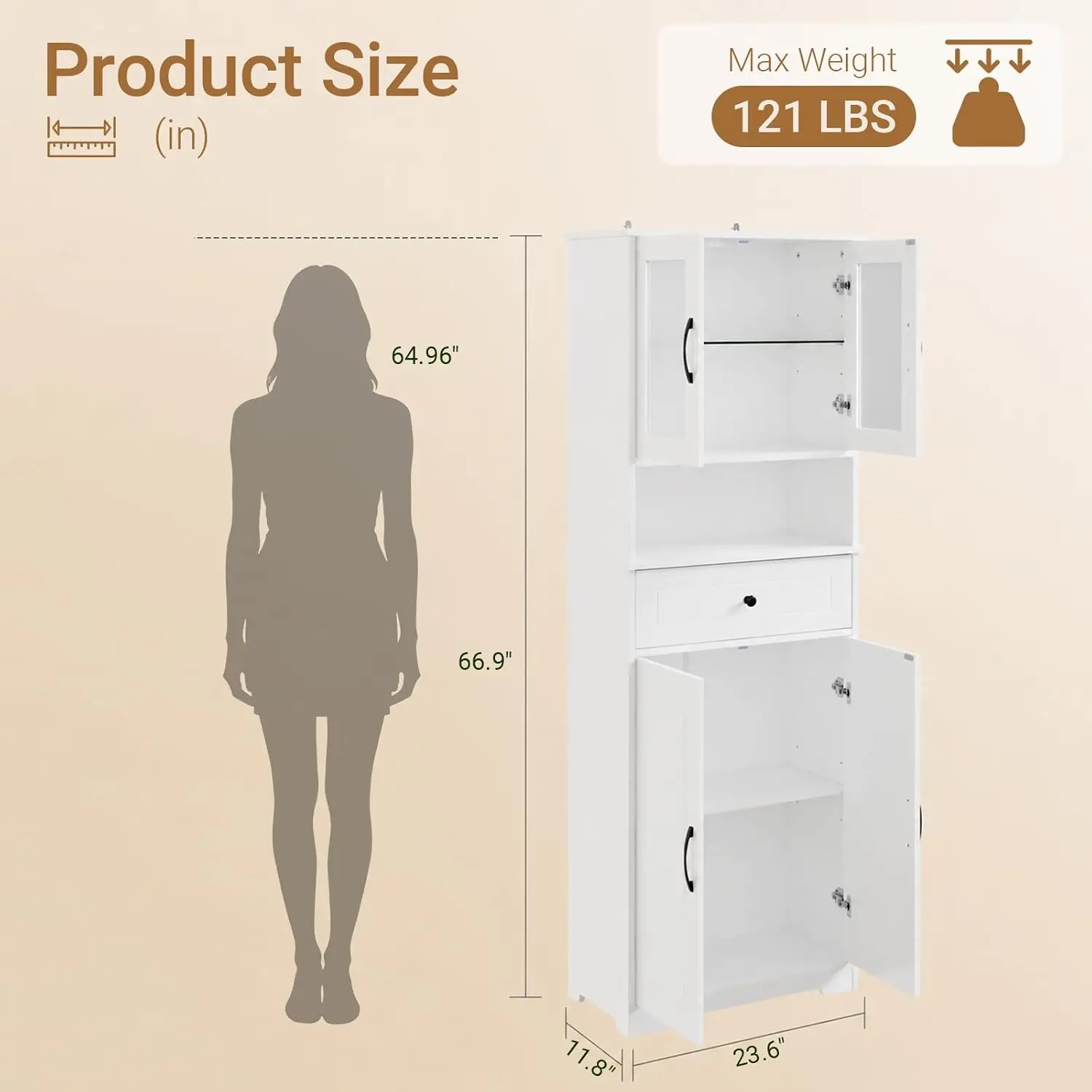 Bathroom Tall Storage Cabinet with Motion Sensor Light, Freestanding Organizer with 2 Doors Drawer Shelf, Customized