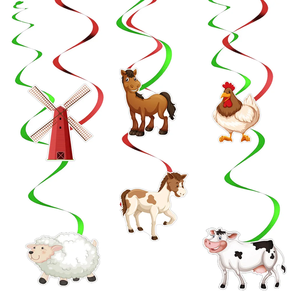 

6pcs/Set Farm Animals Hanging Party Decorations Barnyard Theme Party Supplies Swirl for Kids Birthday Baby Shower Decor