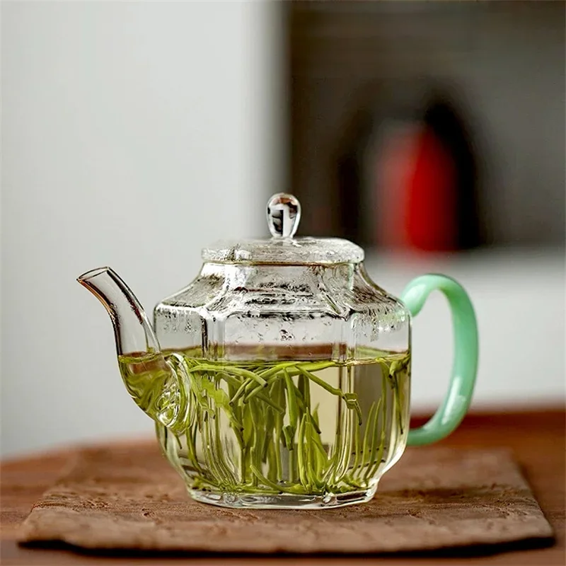 Hexagonal Imitation Jade Handle Glass Teapot Heat Resistant Small Capacity 210ml Boiling Flower Green Tea Pot Kung Fu Tea Set