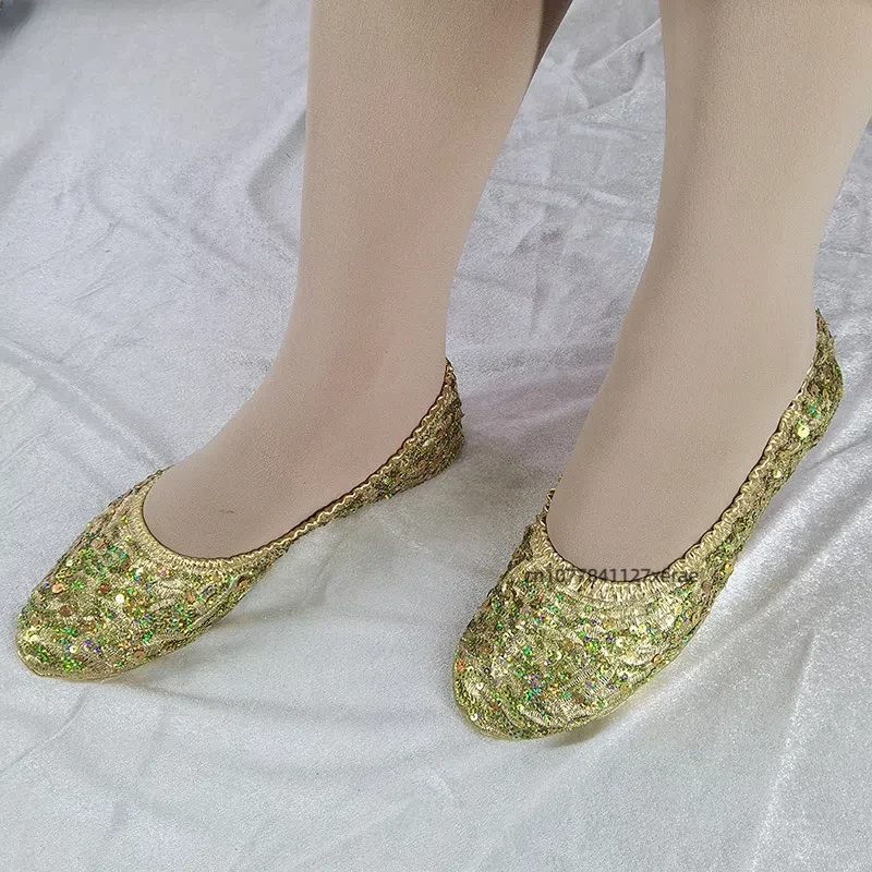 Sapatos de dança do ventre com brilho dourado sola macia desempenho sapatos femininos planos palco dança do ventre prática trajes desempenho