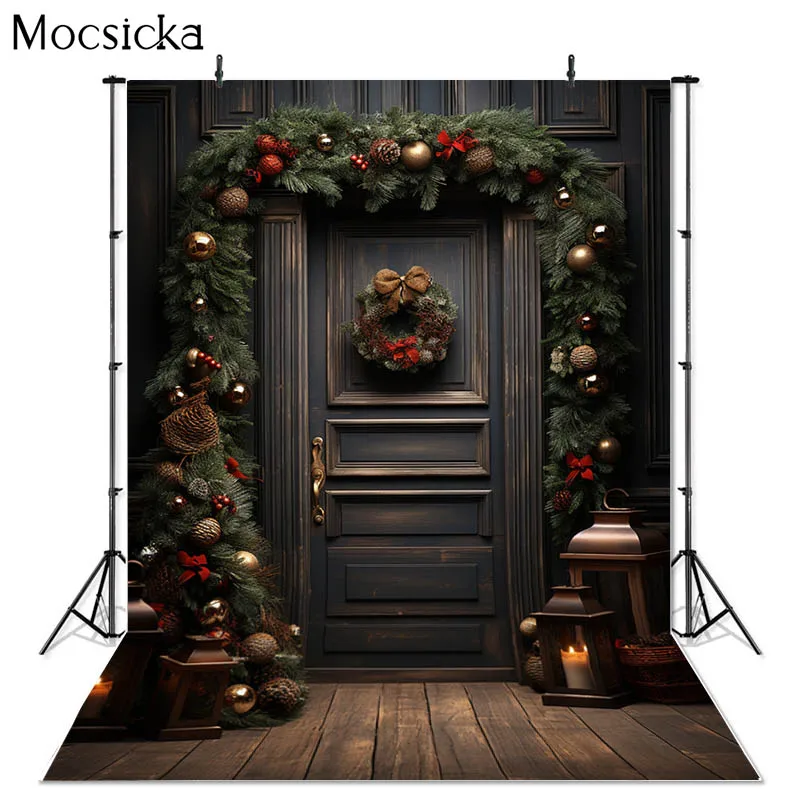 Mocsicka Photography Background Vintage Christmas Wooden Door Xmas Holiday Party Kid Family Portrait Decor Backdrop Photo Studio