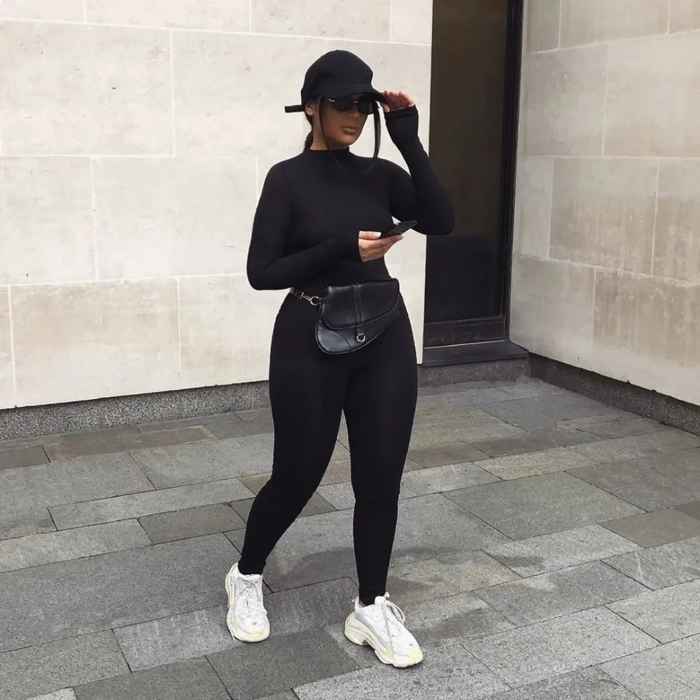 2024 wiosna kobiety seksowny kombinezon Streetwear z długim rękawem Bodycon solidne sportowe kombinezony Fitness Romper kombinezony dla kobiet