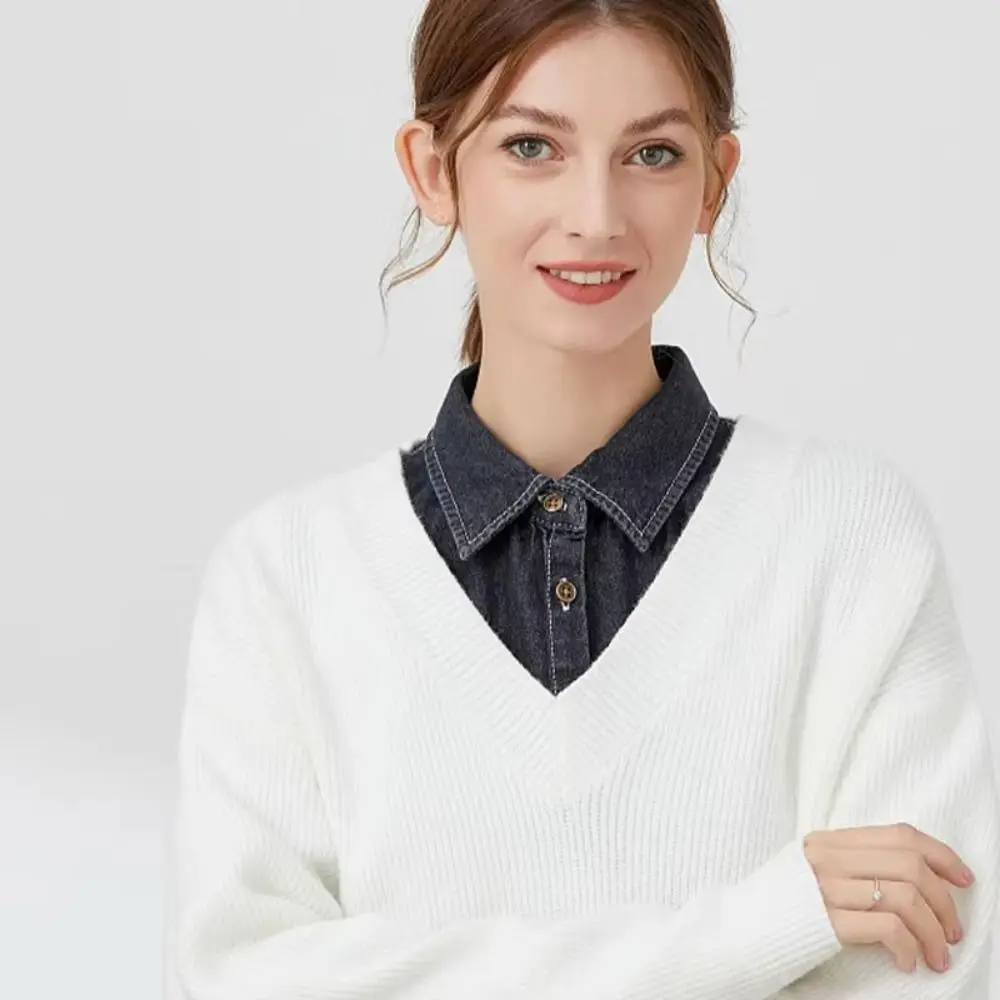 Cotton Denim Fake Collar Adjustable Straps Blue Women Fake Collar Lapel Buttons Clothes Accessories Detachable Collar Women