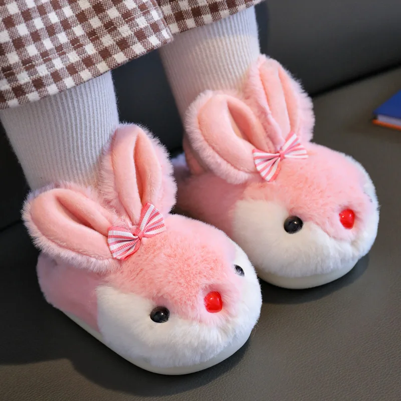 Children\'s Cute Cartoon Rabbit Plush Slippers Thick Sole Non-slip Winter Warm Baby Boys Girls Kids Indoor Home Cotton Shoes