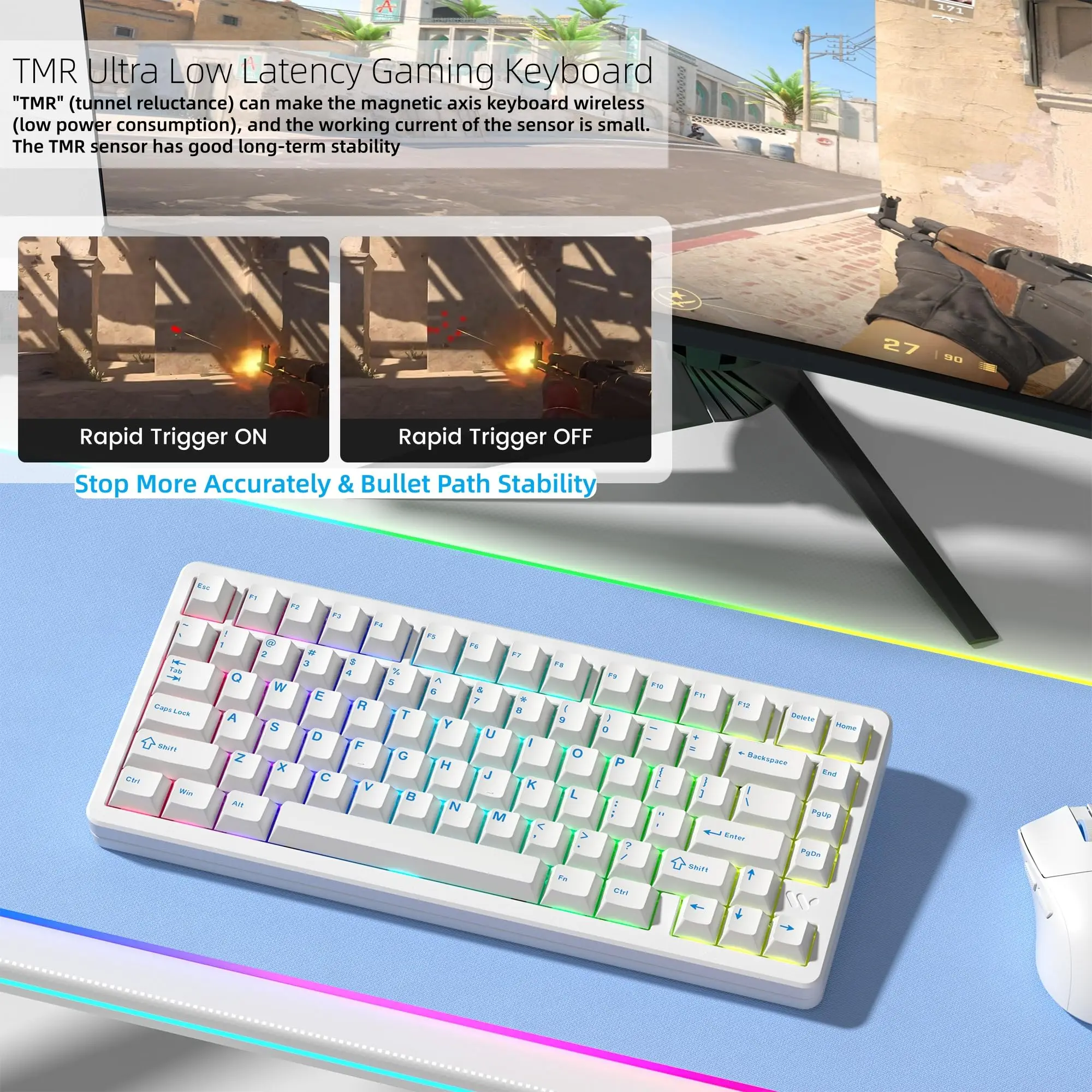 Womier White SK75 TMR/HE ホール効果キーボード 75% ワイヤレス
