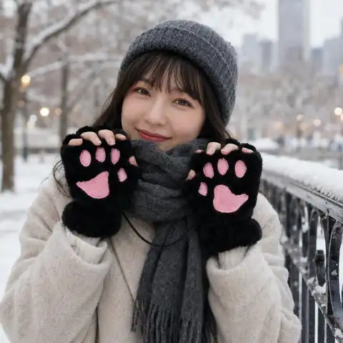 Cute Cat Paw Plush Fingerless Gloves Winter Warm Fleece Lining Bear Paw Gloves Soft Fluffy Fingerless Mittens