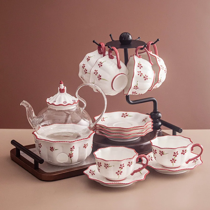Small fresh tea set Festive flower tea tea set Cup set Coffee cup Heated teapot Drinking cup Household