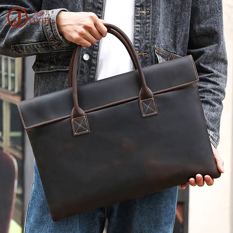 New Crazy Horse Leather Briefcase Men's Business Trip Lightweight Tote Vintage Leather Business Computer Bag for Men