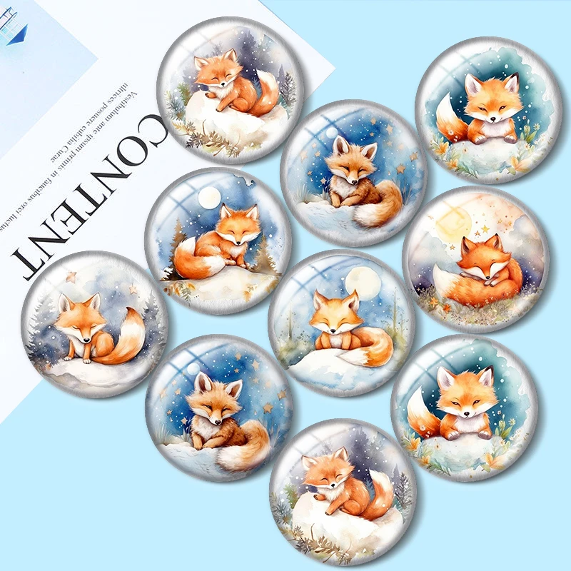 Watercolor  lovely and happy fox 10pcs 12mm/16mm/18mm/25mm Round Photo Glass Cabochon Demo Flat Back Making findings