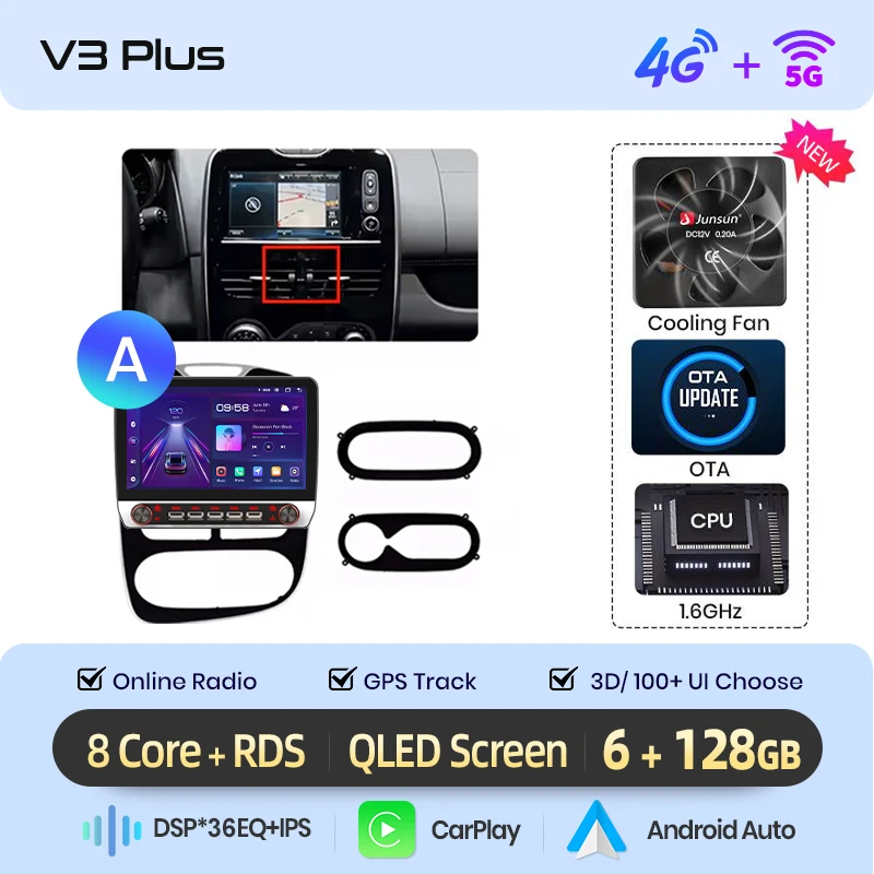Junsun 13.1″ QLED Draadloze CarPlay Android Auto Autoradio Voor Renault Clio 4 ZOE 2012-2019 Intelligente Systemen DSP SWC RDS GPS