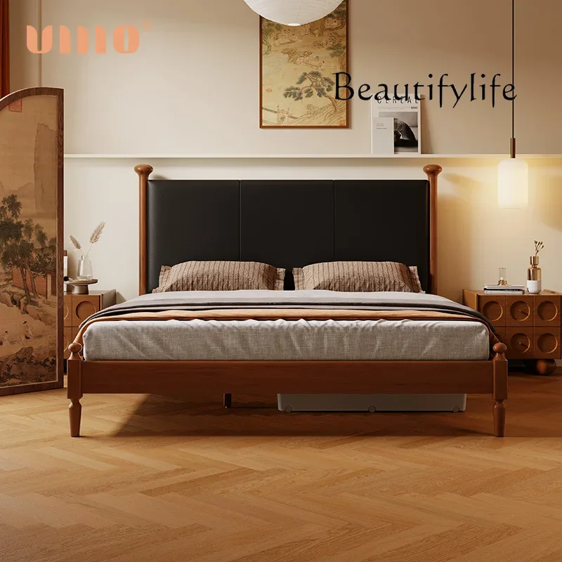 X36 Medieval Style Solid Wood Bed Master Bedroom Modern Simple Double Bed French Retro Style Cherry Wood
