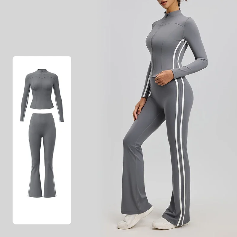 High Quality Women Striped High Waist Polyester Workout Set Running Sports Butt Lifting Naked Feeling Stretch 2 Piece Yoga Sets